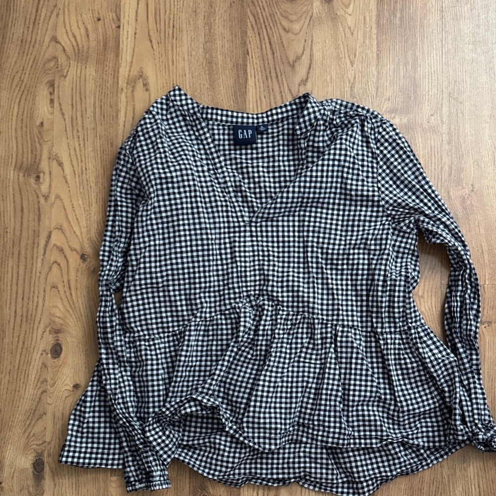 GAP Black and White Gingham Peplum Blouse Size Small Tall